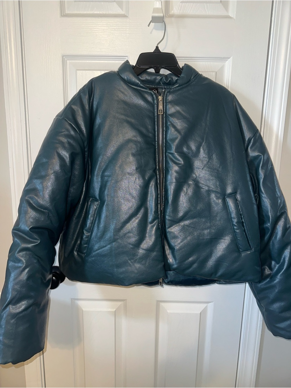 Boohoo Deep Teal Faux-Leather Puffer Jacket